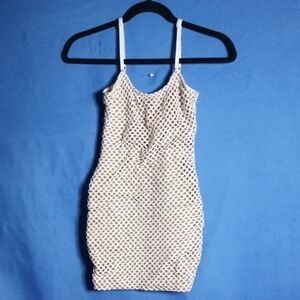 Beige Mesh Bodycon Dress S Spaghetti Strap Sheer Overlay Stretch
